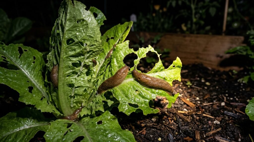 close up of slug damage on lettuce leaves in a garden at night