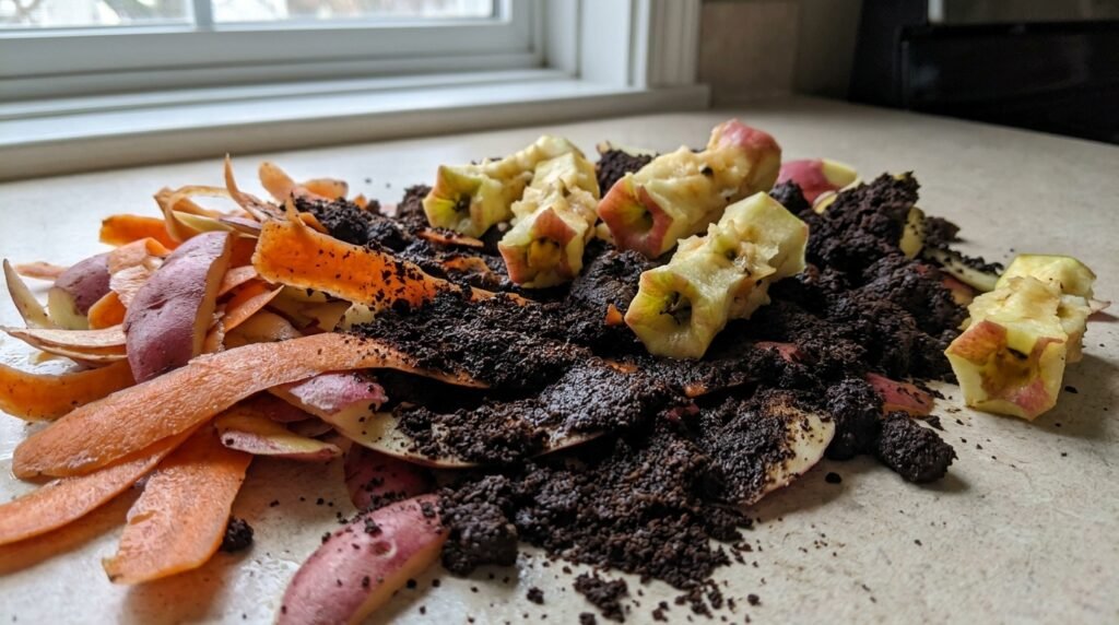 close up of kitchen scraps and garden waste being added to a small compost container