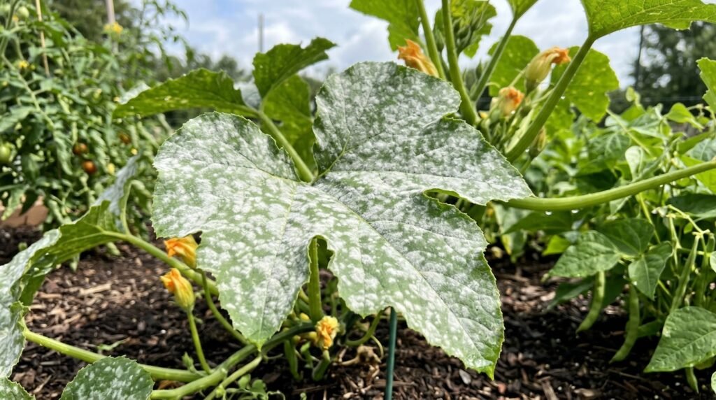 squash leaf covered in white powdery mildew fungus in a vegetable garden