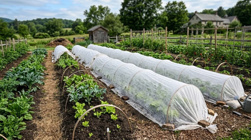 vegetable garden protected with row cover fabric to keep pests off plants