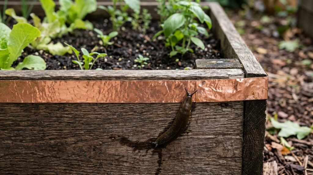 close up of copper tape barrier around raised bed to deter slugs and snails