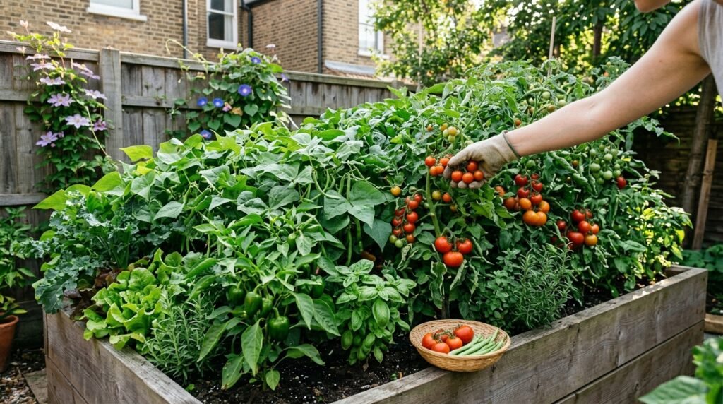 small backyard garden with two raised beds maximizing the available growing space