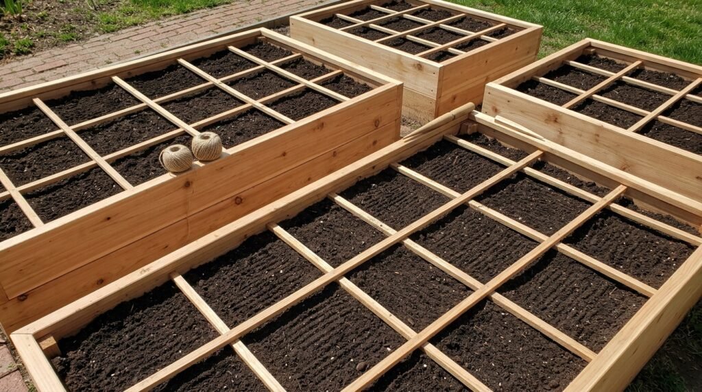 overhead view of organized raised beds in a small backyard with various vegetables