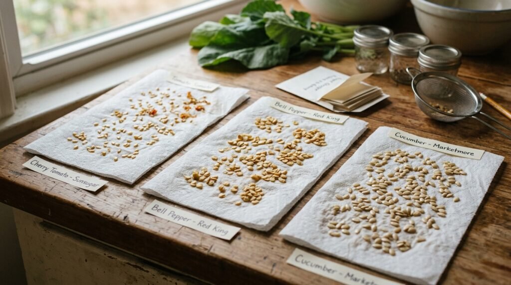 vegetable seeds being collected and dried on paper towels for saving