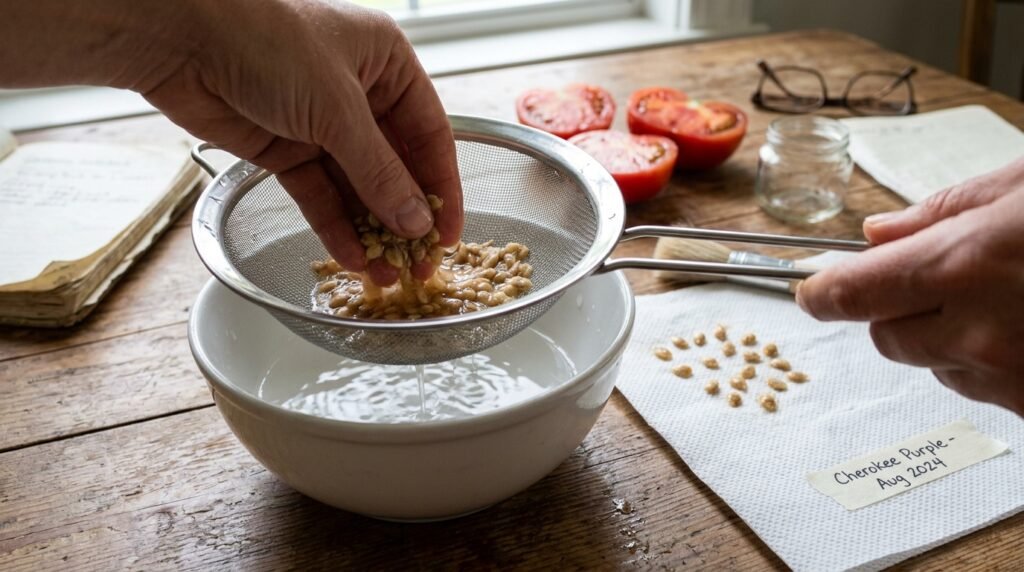 close up of tomato seeds being cleaned and prepared for saving and storage
