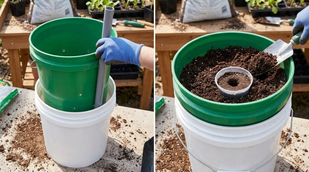 close up of self-watering planter reservoir being filled with water from below