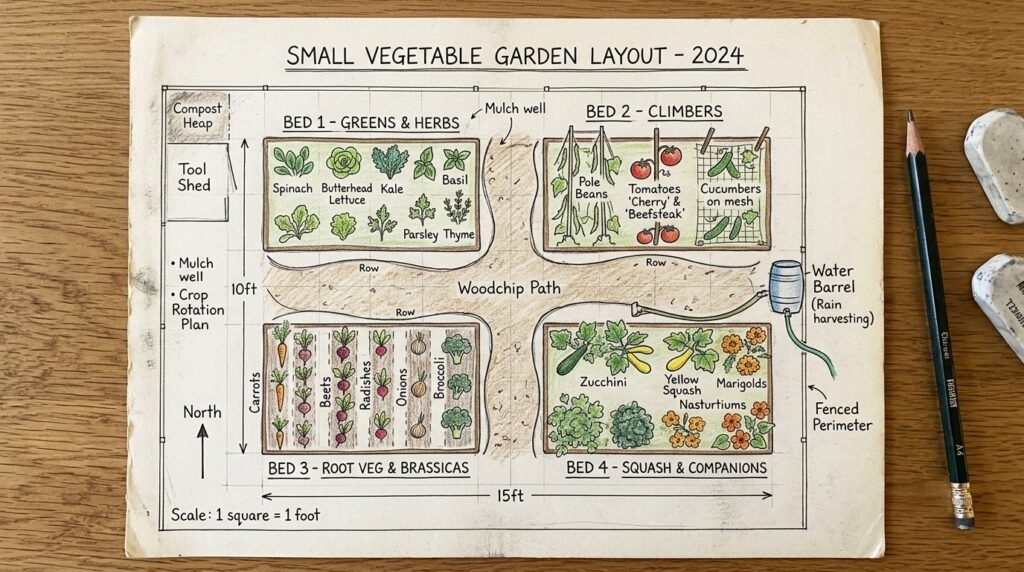hand-drawn small vegetable garden layout plan on paper with labeled beds