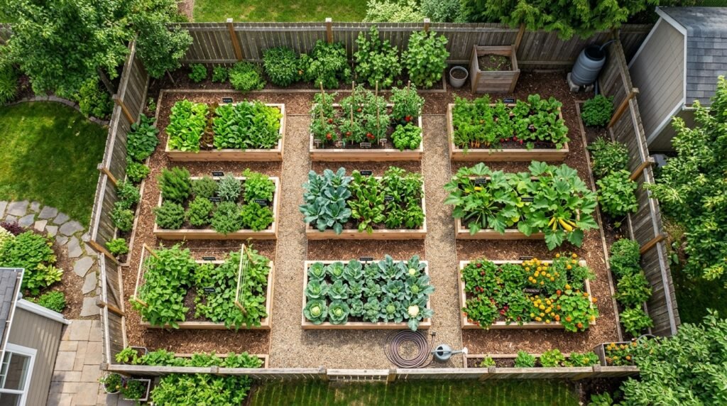 overhead view of a well-planned small vegetable garden with organized raised beds