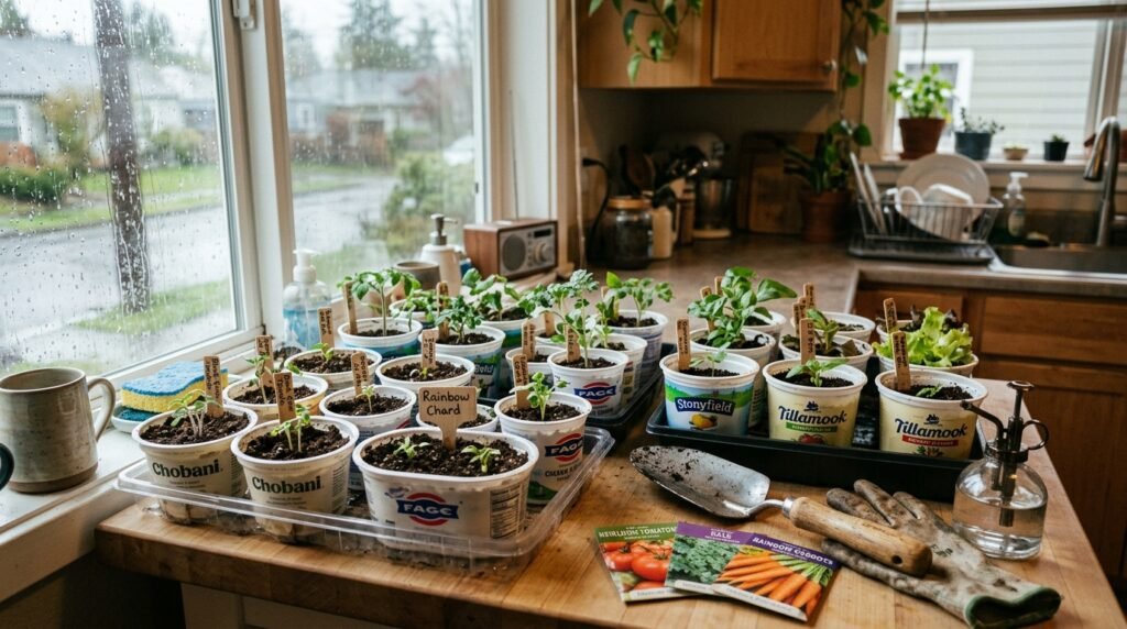 seed starting setup indoors with trays under grow light on a table