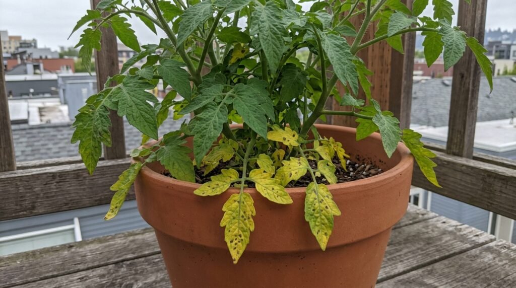 tomato plant with visible signs of blight and yellowing leaves in a container garden
