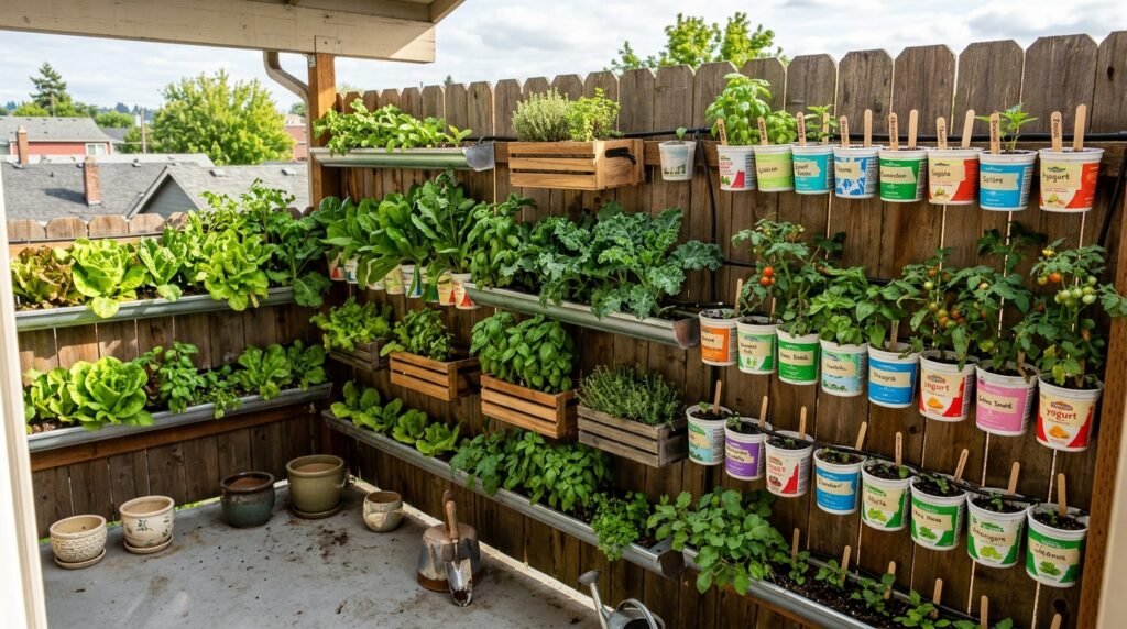 vertical vegetable garden mounted on a wooden fence with multiple pockets of plants