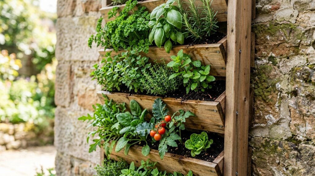close up of vertical garden planter on a wall with herbs and small vegetables