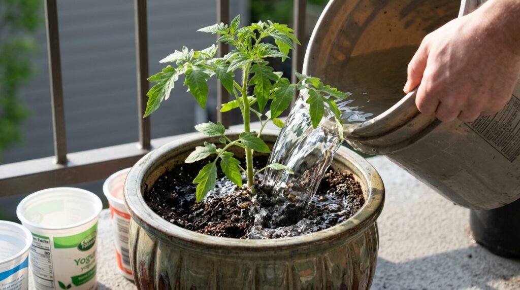 vegetable garden being watered carefully at the base of plants to avoid overwatering