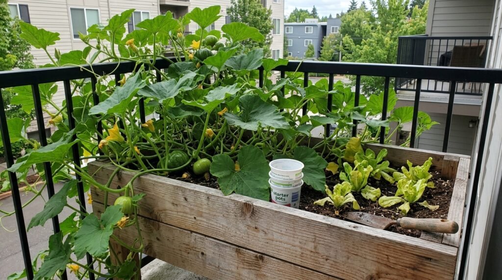 close up of small vegetable seedlings recently planted in a raised bed garden