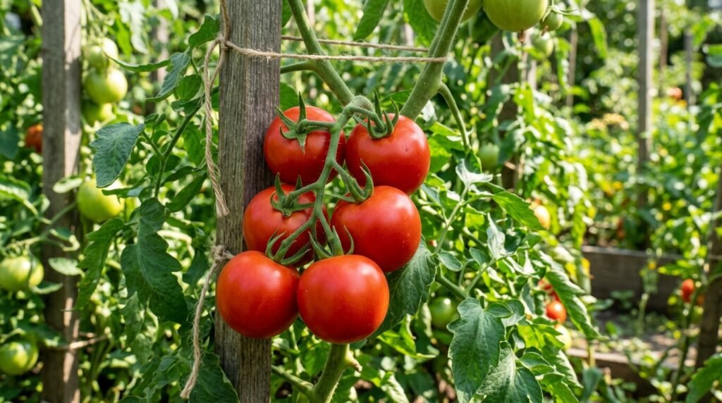 ripe tomatoes on the vine showing correct color and firmness for harvest